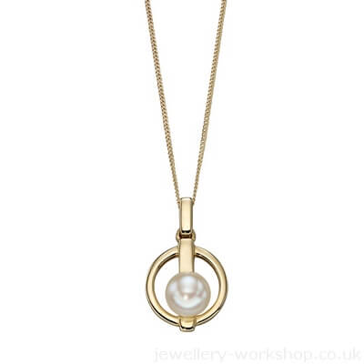 Yellow gold white pearl bar pendant